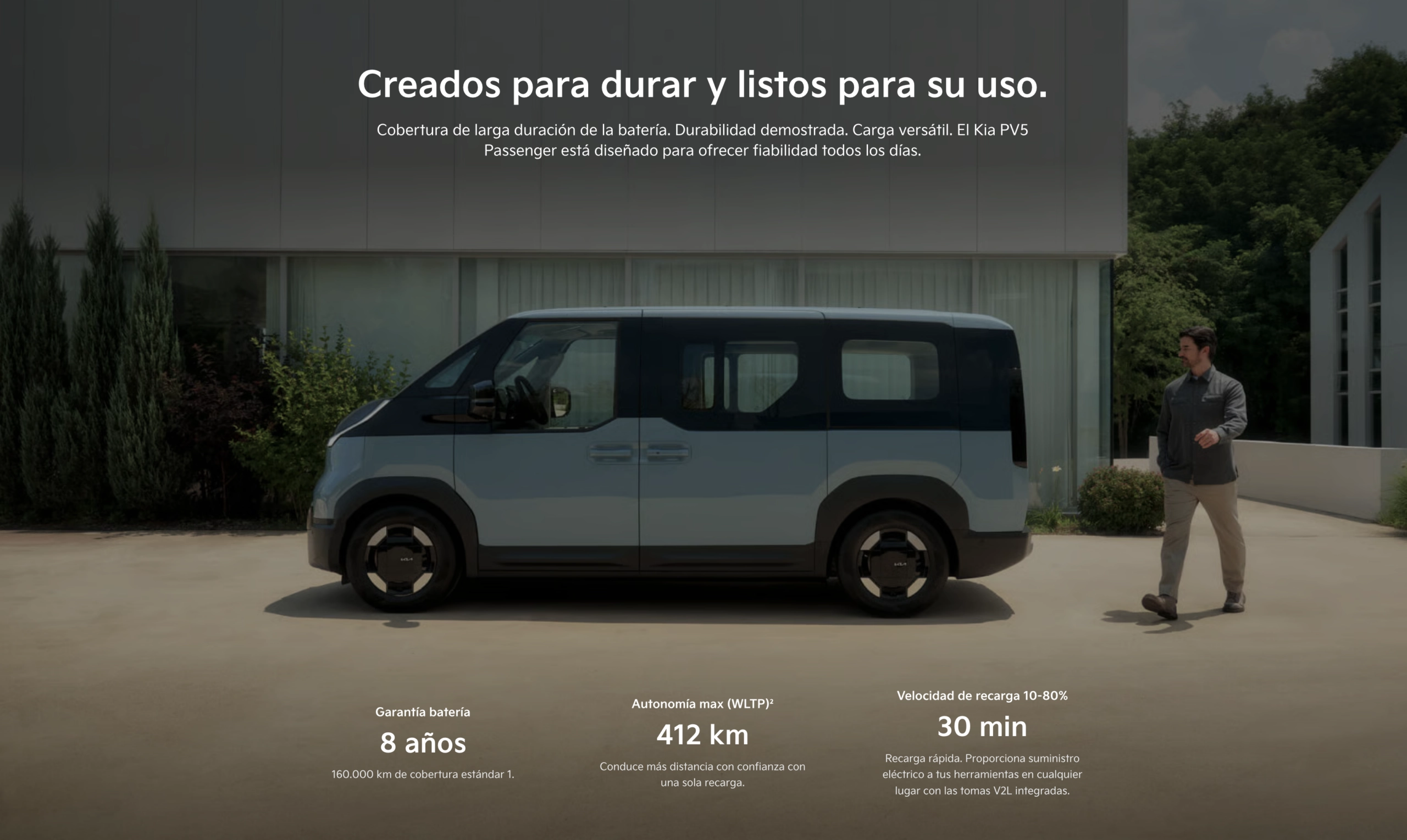 Kia PV5 Passenger con datos de autonomía, carga y cobertura de batería