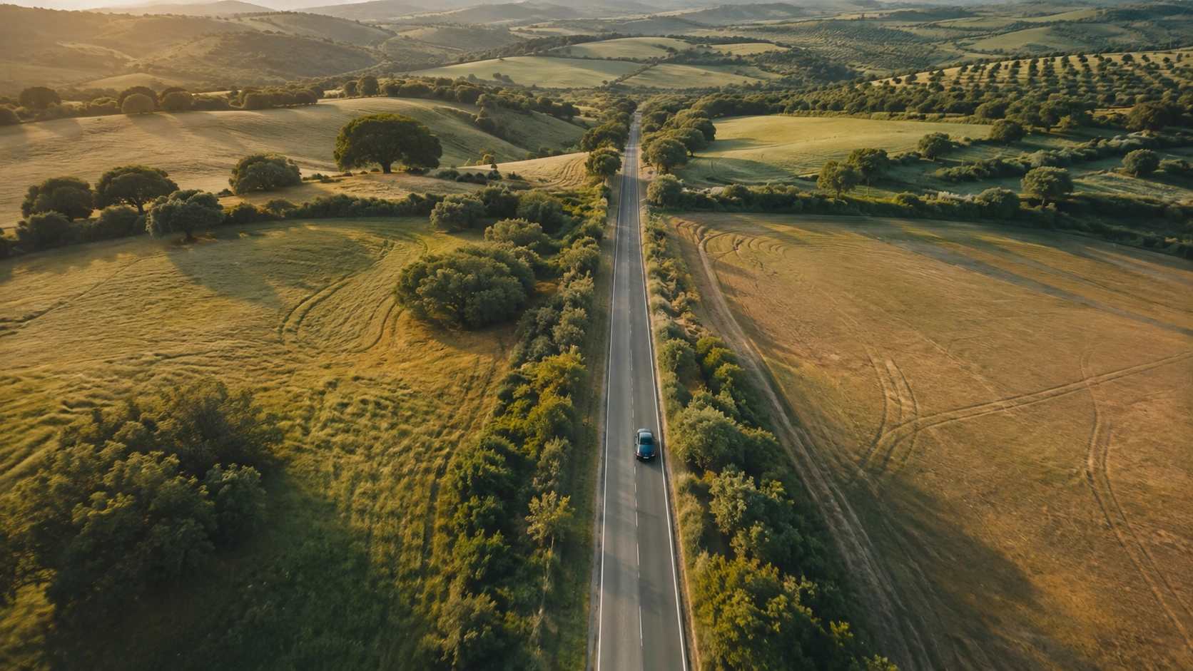 Vehículo circulando por una carretera entre paisajes naturales